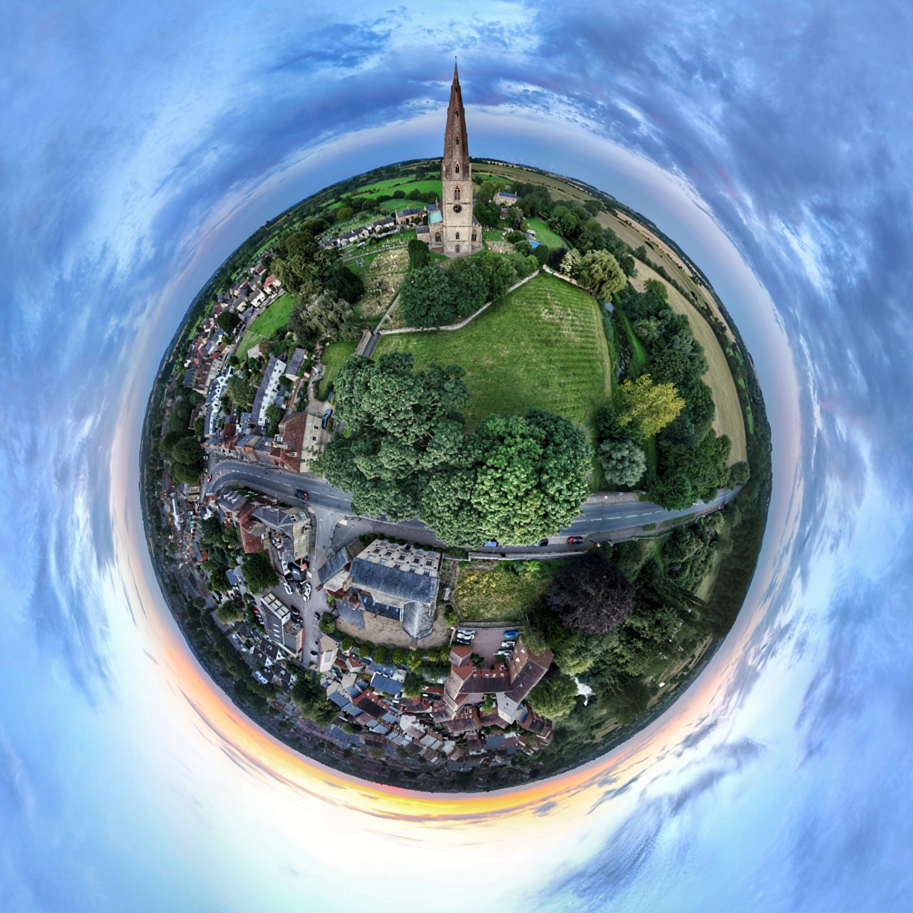 Aerial 'little planet' view of Olney with St Peter and St Paul church at the top